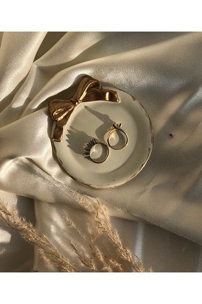 Hommark Decorative Gold Bow Jewelry Plate, Bow Coaster 10X10 Antique Detailed Plate