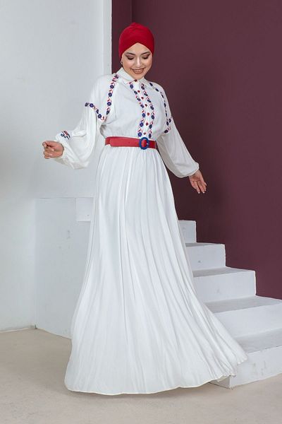 PHELDA Βαμβακερό Hijab Φόρεμα - Κέντημα και Λεπτομέρεια Ζώνης, 747-λευκό/φούξια