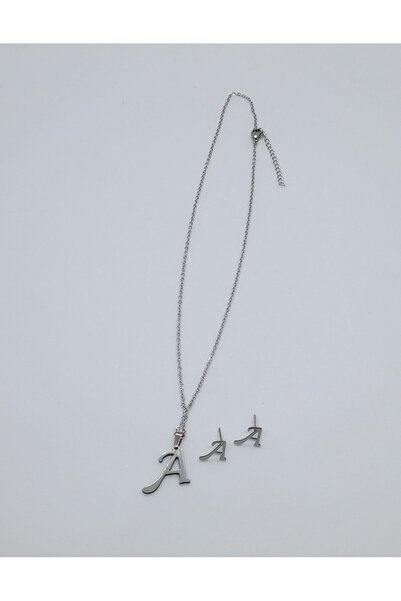 Ödül Moda Steel Letter a Silver Necklace Earring Set