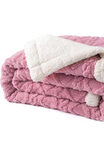Fabienne Jacquard Sherpa Blanket Super King Size 220x240cm  Reversible Throw Blanket Pink
