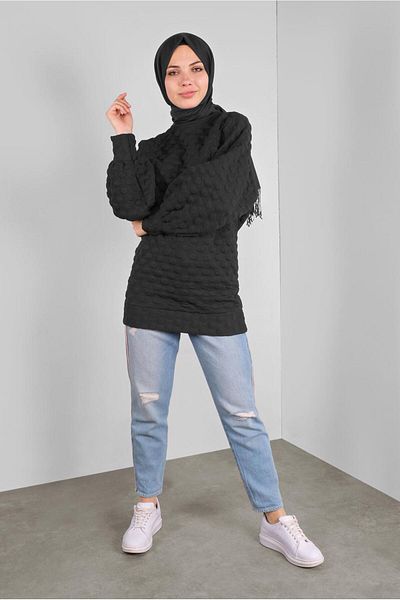 TRENDTESETTÜR Tunica neagra cu modele cu pompon pentru femei 9234