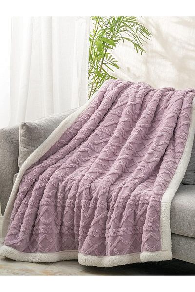 Fabienne Jacquard Sherpa Blanket Super King Size 220x240cm  Reversible Throw Blanket Lilac