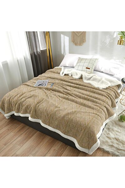 Fabienne Jacquard Sherpa Blanket Super King Size 220x240cm  Reversible Throw Blanket Beige