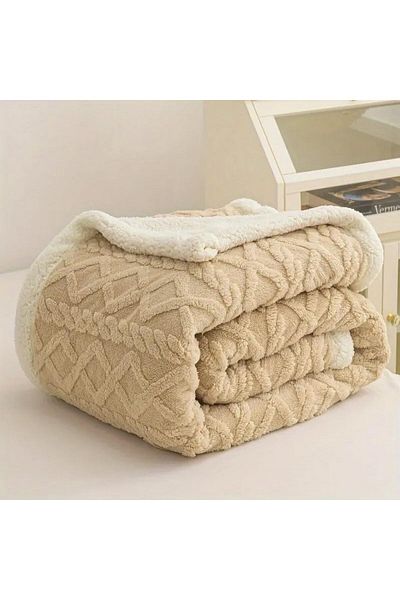 Fabienne Jacquard Sherpa Blanket Super King Size 220x240cm  Reversible Throw Blanket Beige