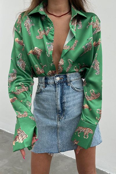 Madmext Mad Girls Leopardengrünes Satinhemd Mg187