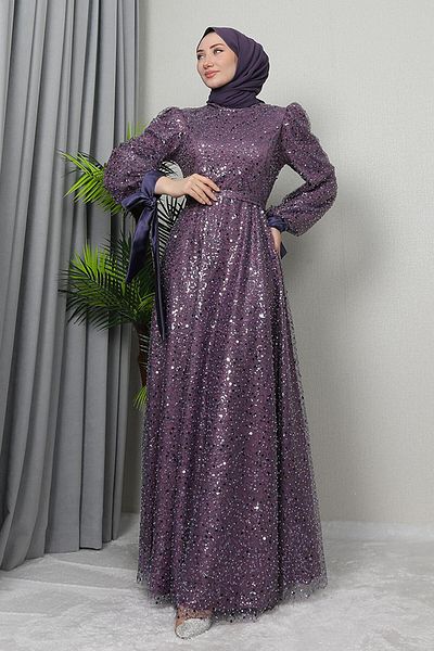 GİZ AGİYİM Dark Lilac Betül Hijab Evening Dress