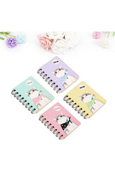 COOYA 4PCS Mini Spiral Notebook with Thickened Horizontal, Cute Cartoon Pocket Notebook (Cartoon Cat)