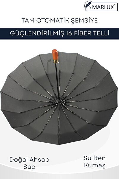 Marlux Tam Otomatik 16 Telli Siyah Şemsiye Rüzgar Koruma Ponçi Kumaş Mpr1007m