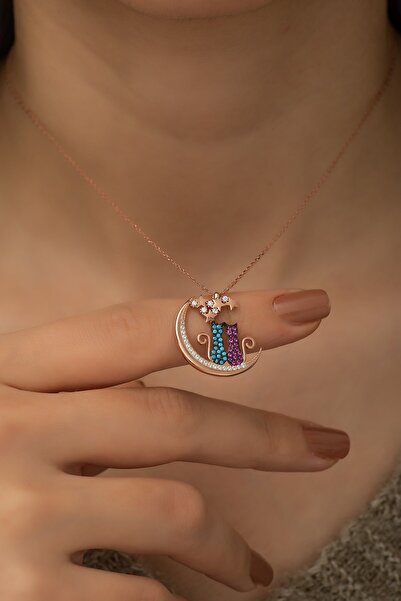 Nereze Kadın Gümüş Kolye 925 Ayar Ay Üstünde Oturan Aşık Çift Kedi