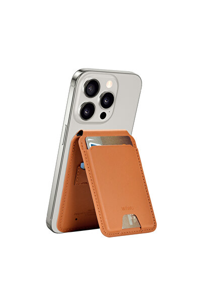 WIWU FindMy Özellikli Magnetik Standlı Kartlık Wiwu MW-005 Qi Kablosuz Şarj Uyumlu Mag Wallet Kahverengi