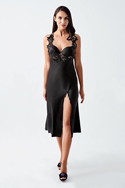 İmaj Image 4250 Black Color Satin 2-Piece Nightgown Dressing Gown Set