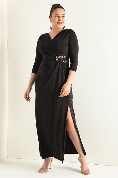 Lafaba Rochie de seară lungă, neagră, de damă, cu guler dublu, cu mânecă săracă