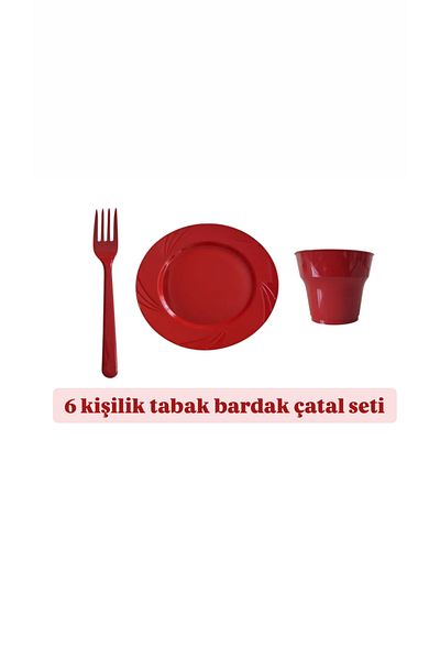 partideyince Plastic Hard Mica Plate Cup Fork Red Color Set of 6