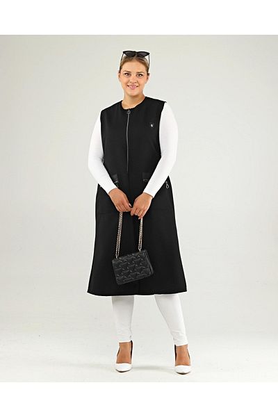 Ferace Black Large Size Long Women's Vest with Leather Pockets