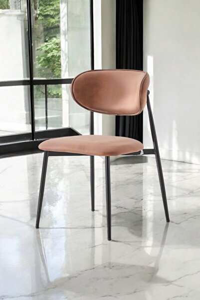 fursimo Modza Serisi 1 Adet Kiremit Mutfak Sandalyesi Siyah Metal Ayak 1. Sın...