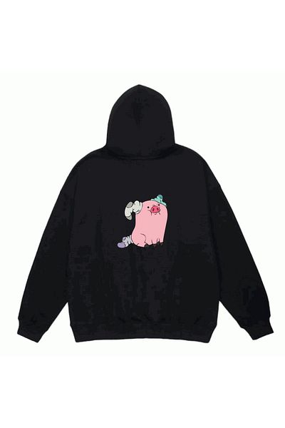 MarkaTurko Унисекс суитшърт с качулка и принт Gravity Falls Pig Design, черен, 105-2c