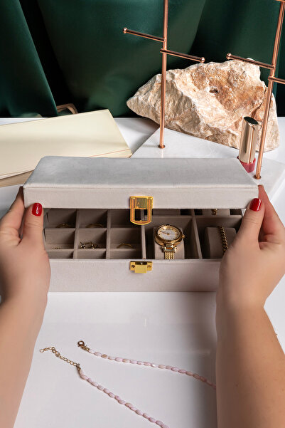 Ecrou Mirrored Beige Velvet Jewelry, Organizer, Jewelry Box Organizer 25 X16 X 7 cm