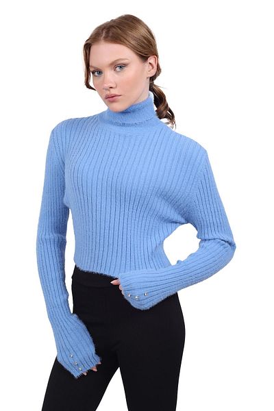 Rays 6627 Model Yumoş Baby Blue Pulover cu gât și detalii de piatră