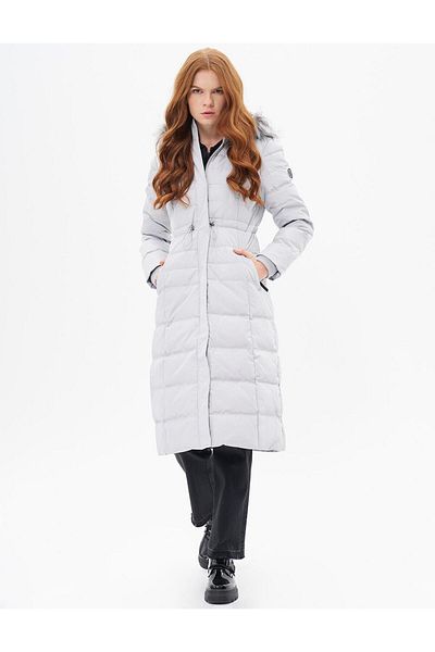 Kayra Goose Feather Padded Waist Drawstring Coat Light Gray