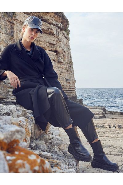 Kayra Μαύρο Premium Wool Raglan - Παλτό με ζώνη μανίκι