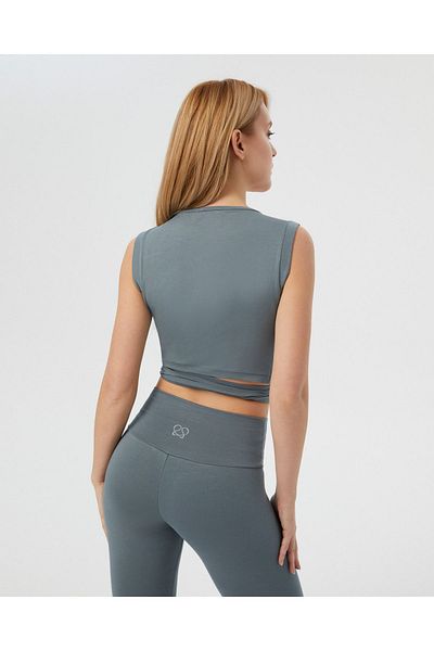 Ayma Active Bluză crop fără mâneci, cu talie înfășurată, gri albastru