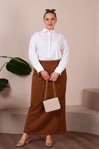 Ferace Women's Large Size Ottoman Steel Lined Seasonal Pencil Skirt Knitted Fabric Mustard