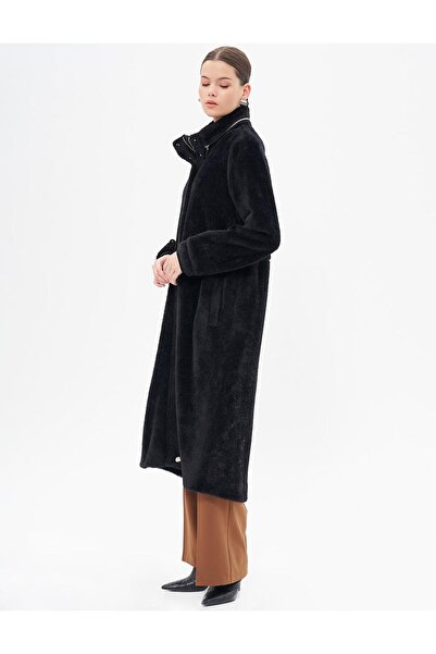 Kayra Black Stand Collar and Waist Drawstring Coat