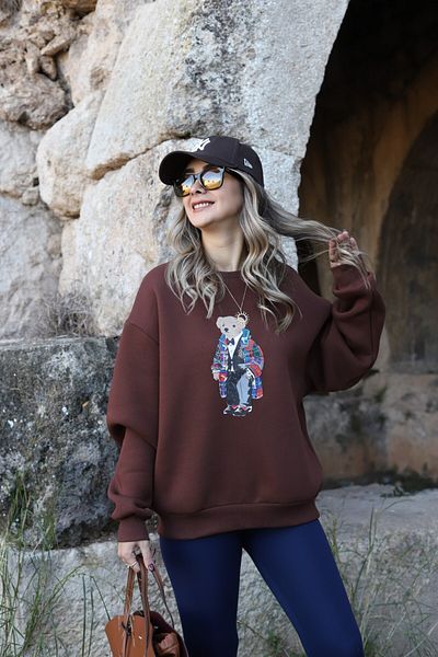 bytugcekaya Суитшърт с щампа на плюшено мече в цвят кафе и голям размер