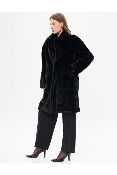 Kayra Black Plush Coat - Stone Detailed