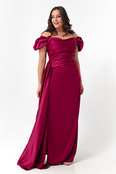 Lafaba Γυναικείο βραδινό φόρεμα με μακρύ σατινέ λαιμόκοψη με δαμάσκηνο και φό...