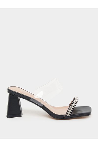 Styli Embellished Transparent Strap Square Toe Heel Sandals