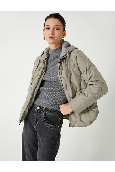 Koton Regular Fit Pocketed Zippered Detachable Knitwear Hooded Quilted Coat