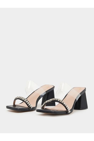 Styli Embellished Transparent Strap Square Toe Heel Sandals