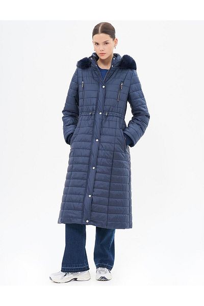 Kayra Diamond Patterned Faux Fur Anorak Coat Dark Navy Blue