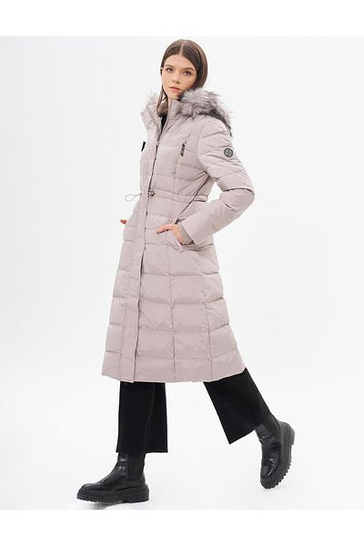 Kayra Stone Colored Goose Feather Padded Waist Drawstring Coat