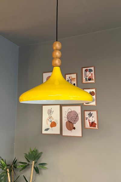 Bamyum Açık Sarı Ahşap Boncuklu Tekli Avize Sarkıt Salon Mutfak Butik Lamba