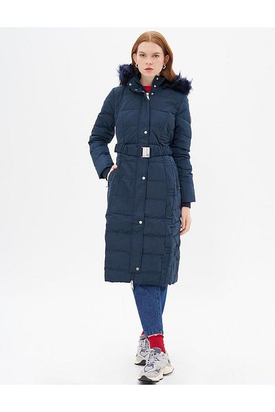Kayra Navy Blue Goose Feather Padded Belted Coat
