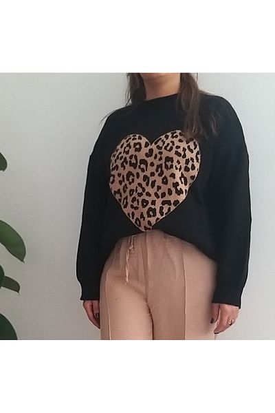 Ayfer Pulover negru cu gât crew oversize leopard modelat tricotaj