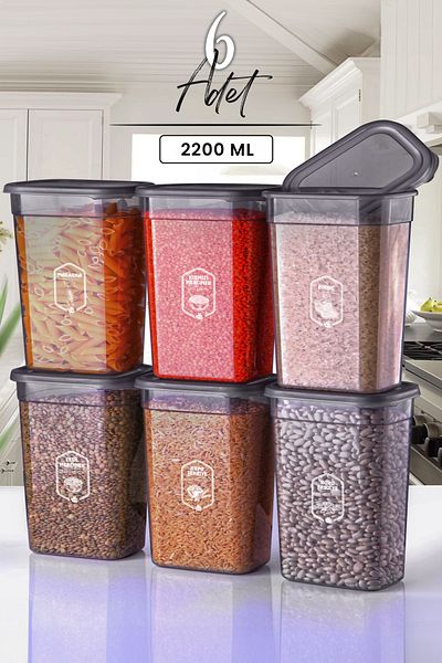 Kitchen Life 2200ml Clear Anthracite 6-Piece Rectangular Storage Set - Erzak