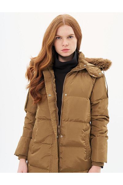 Kayra Dark Oliv Goose Feather Padded Hooded Coat