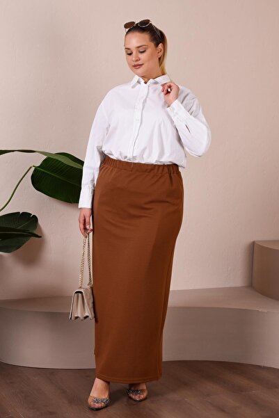 Ferace Women's Large Size Ottoman Steel Lined Seasonal Pencil Skirt Knitted Fabric Mustard