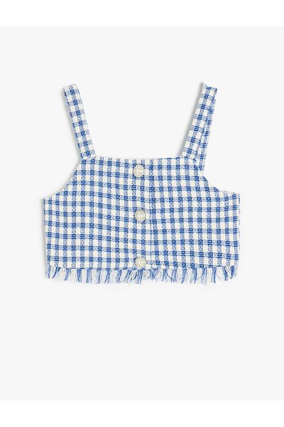 Koton Square Neck Plaid Print Tweed Crop Blouse