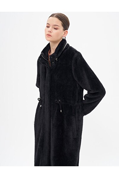 Kayra Black Stand Collar and Waist Drawstring Coat
