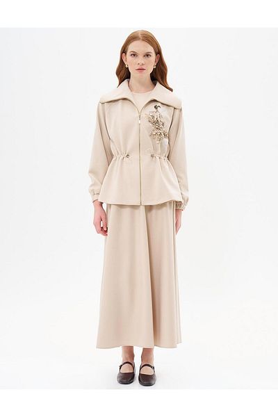 Kayra Light Beige Skirt and Jacket Set - Waist Drawstring