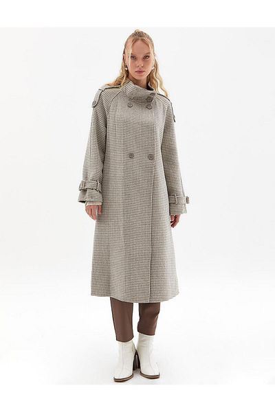 Kayra Γκρι Premium μάλλινο παλτό με σχέδιο Houndstooth