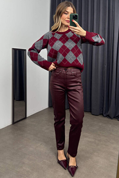 Sue Store Bordo Mumlu Yüksek Bel Skinny Pantolon