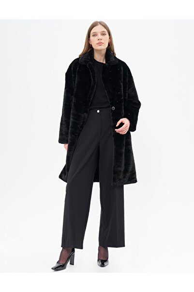 Kayra Black Plush Coat - Stone Detailed