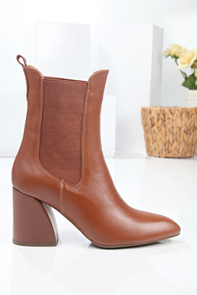 manzo 220500 HAKİKİ TABA  DERİ LASTİKLİ SİVRİ BURUN TOPUKLU BOT