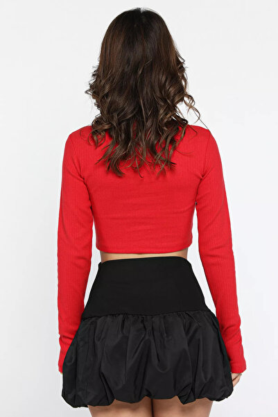 GÜLSELİ Red Women's Crew Neck Sleeve Window Camisole Crop Top Blouse