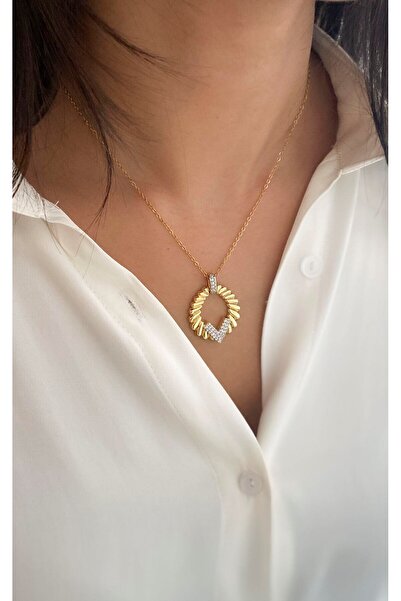 Sacha Accessories V Detail Zircon Stone Gold Steel Necklace